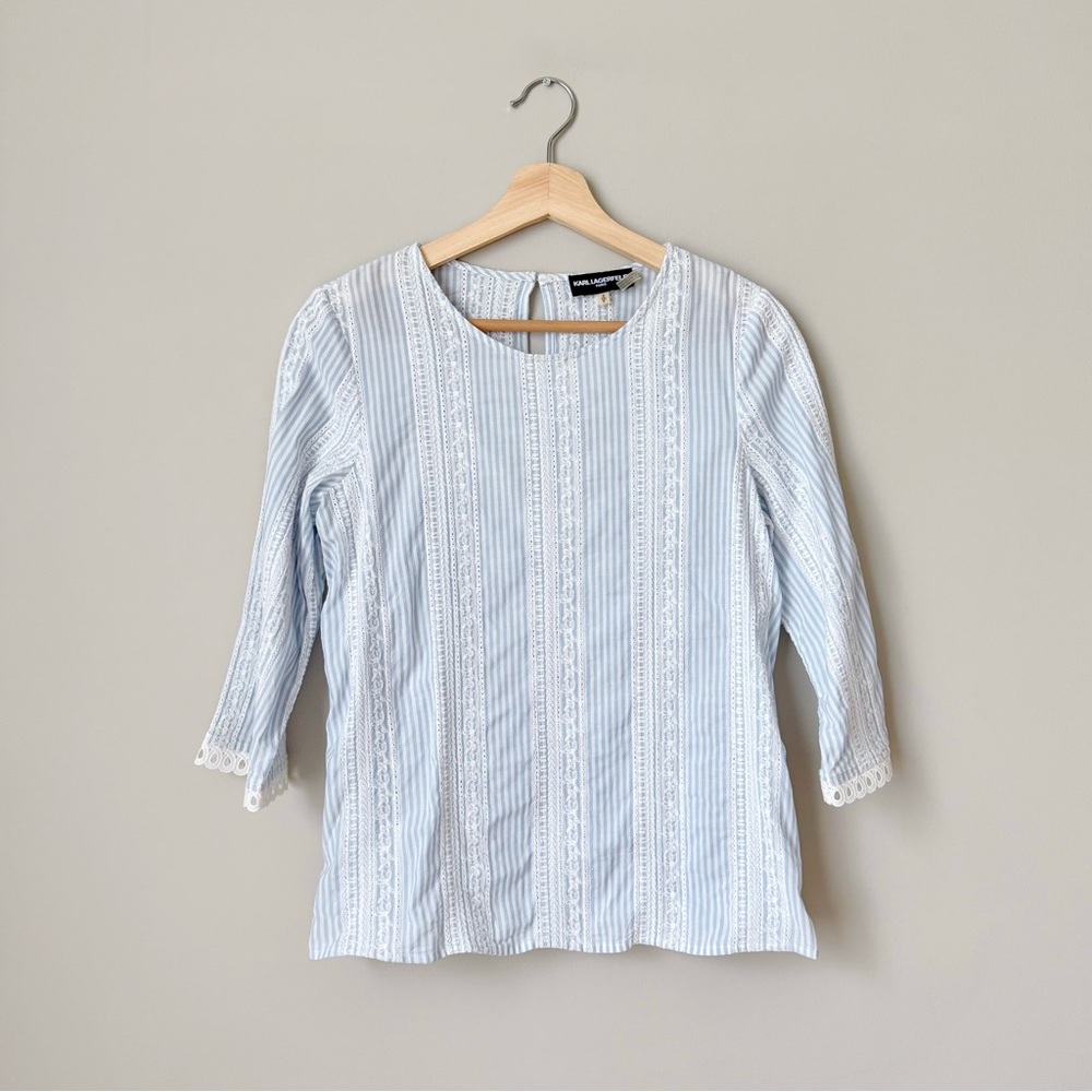 {Karl Lagerfeld} Light Blue Cotton Crochet Striped Top